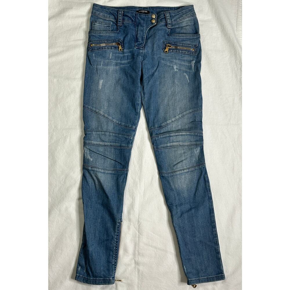 Balmain Paris Moto Skinny Jeans Womens Size 40 Blue Distressed Zip Details